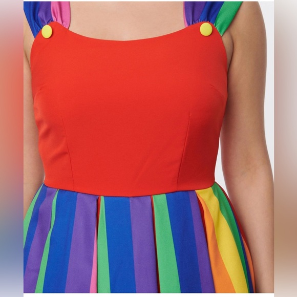 NWT Unique Vintage Red & Rainbow Stripe Swing Dress - Picture 2 of 8